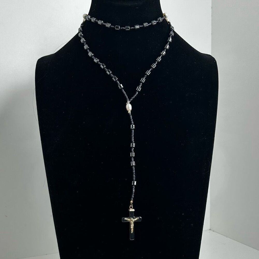 Hematite Bead Rosary 13.5" Gray & Gold-tone Seed Beads With Cultured Pearls